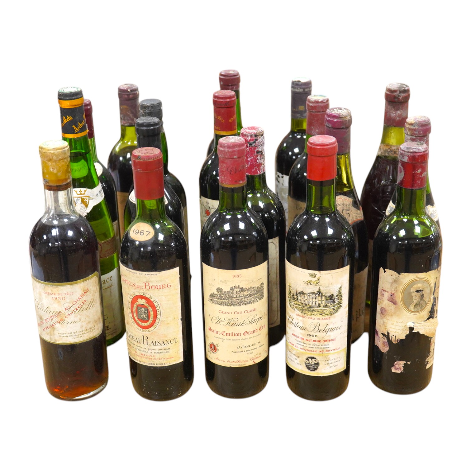 Eighteen bottles of wine, including; a 1950 Chateau Gilette, a 1966 Chateau Belgrave, a 1985 Chateau Haut Sarpe Grand Cru Classe, a 1985 Chateau La Croix Pomerol, a 1967 Chateau Plaisance Cotes de Bourg, etc. Condition -